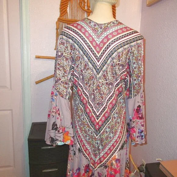 Umgee Hippie Boho Longline Kimono Duster Size M Pleated Bell Sleeves Artsy Layer - Picture 5 of 7